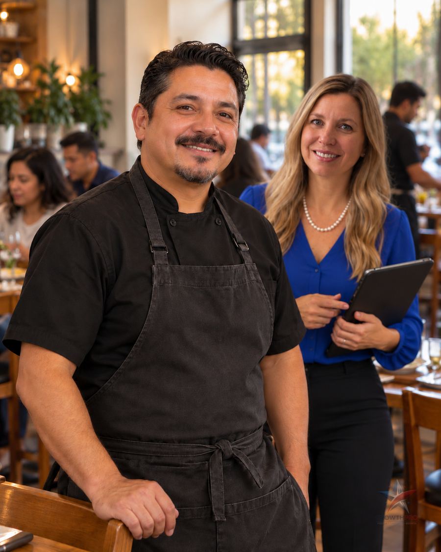 Dueño de restaurante frente a su local lleno