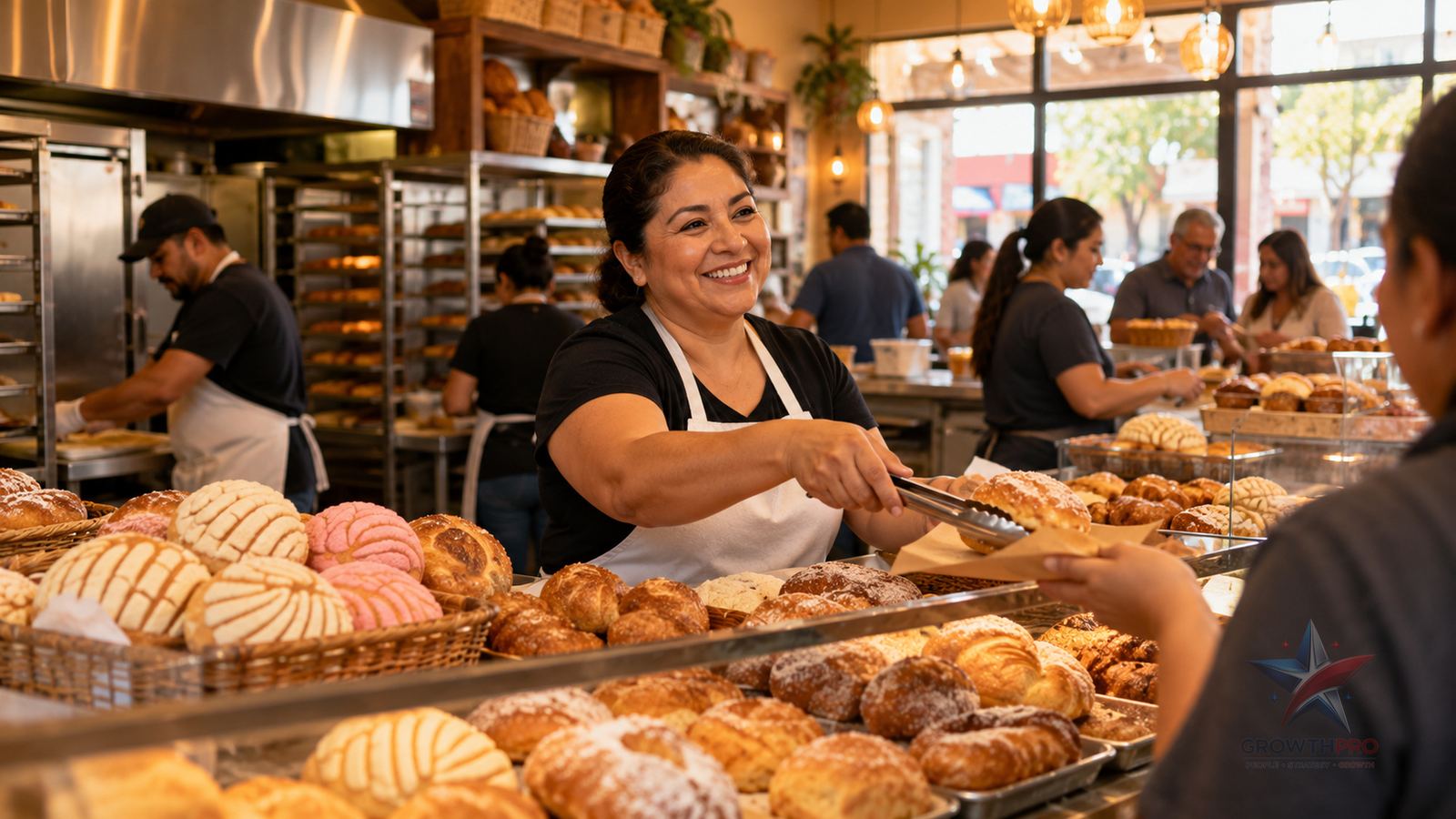Dueña de una panadería local atendiendo a sus clientes en un día de mucho movimiento